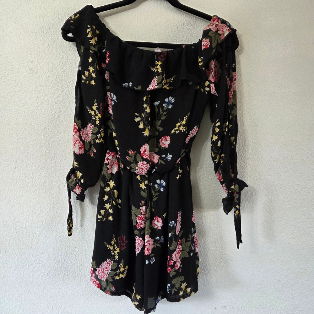 Y2K Bongo Floral Romper Small Off Shoulder Peasant Boho Bell Sleeve Mini Small - Picture 2 of 9